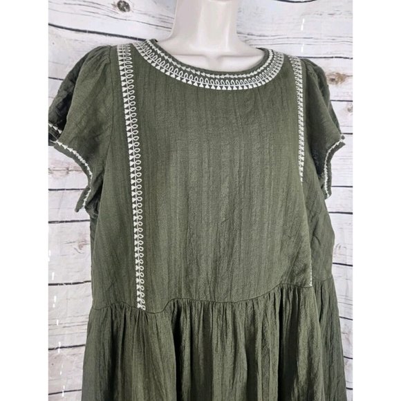 LOFT Olive Green Gauze Embroidered Dress L Boho Flutter Sleeve Shift Cotton - Picture 2 of 6